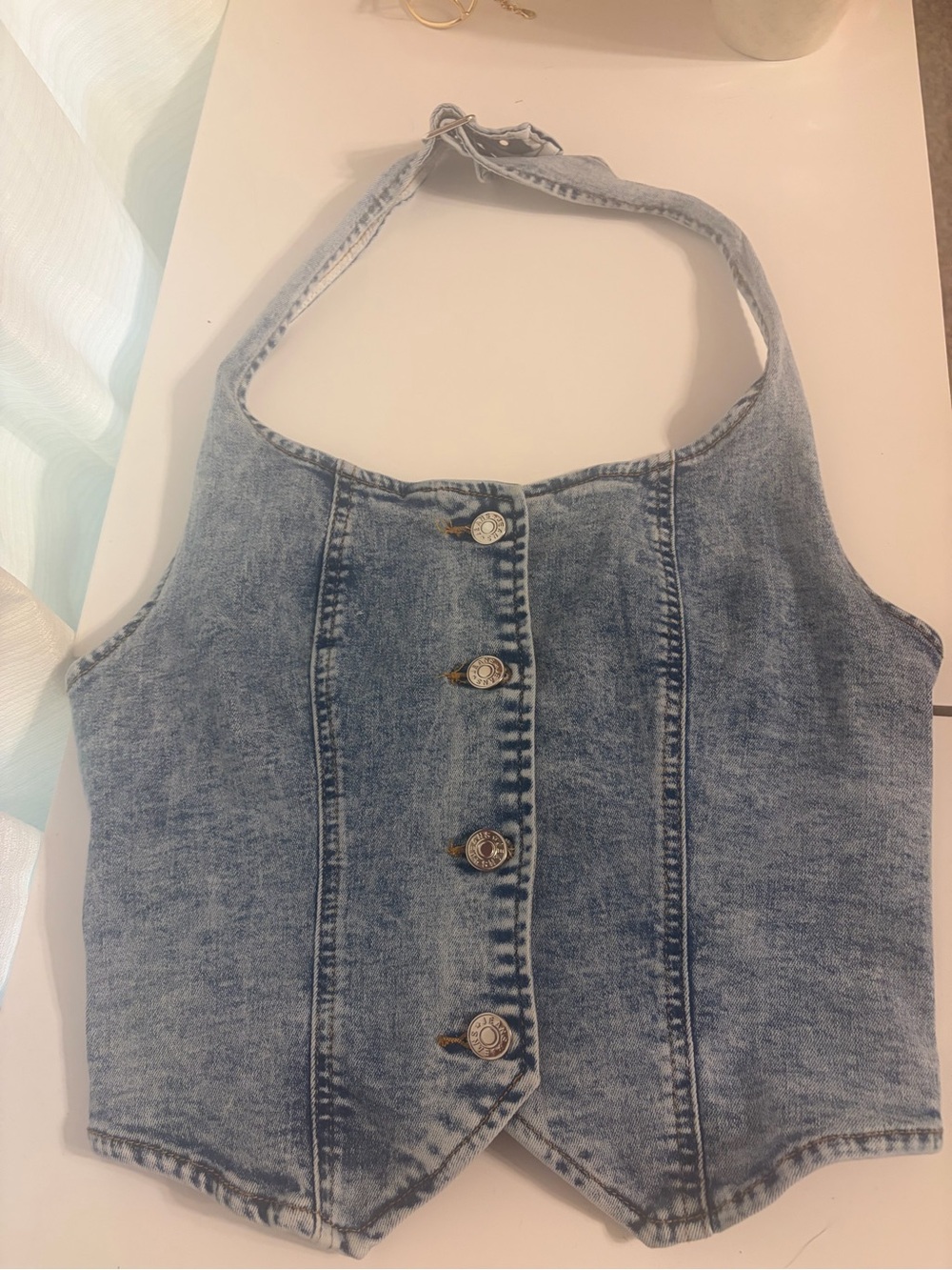 Denim Halter Crop Top in Light Blue